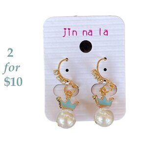 Princess Gold-Plated and Pearl Bead Earrings with Aqua Tiara by Jin na la